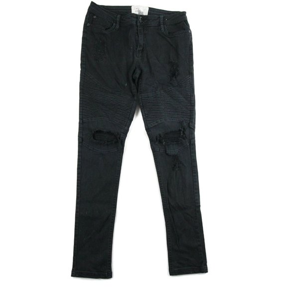 Soho Babe Womens Slim Straight Jeans Black Distressed Denim Low Rise Size 9 - Picture 1 of 9